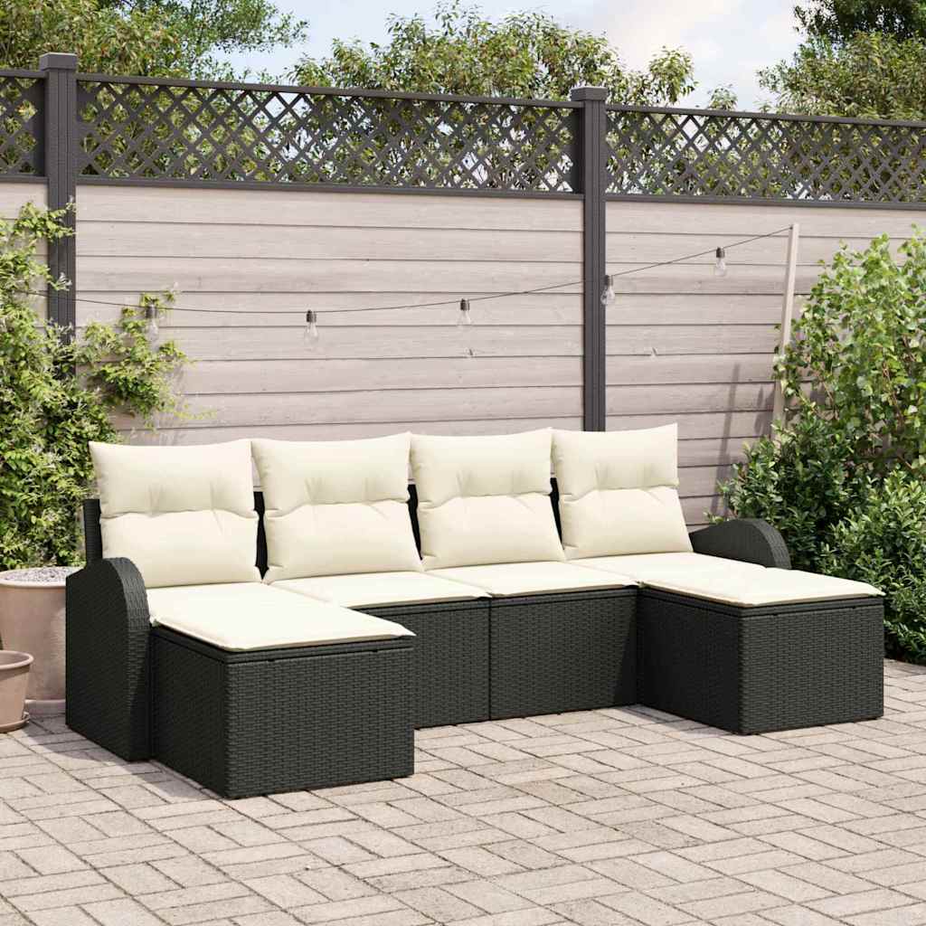 Garten-Sofa-Set mit Kissen 6 pcs Schwarz und Weiß Poly Rattan